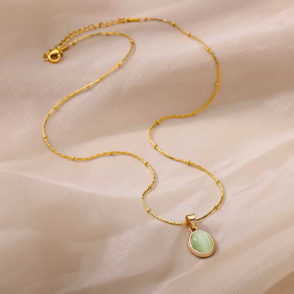 Pendant Necklaces Fashion Stone Opal Oval Necklace for Women Stainless Steel Gold Color Oval Stone Pendant Necklace Wedding Aesthetic Jewelry Gift X