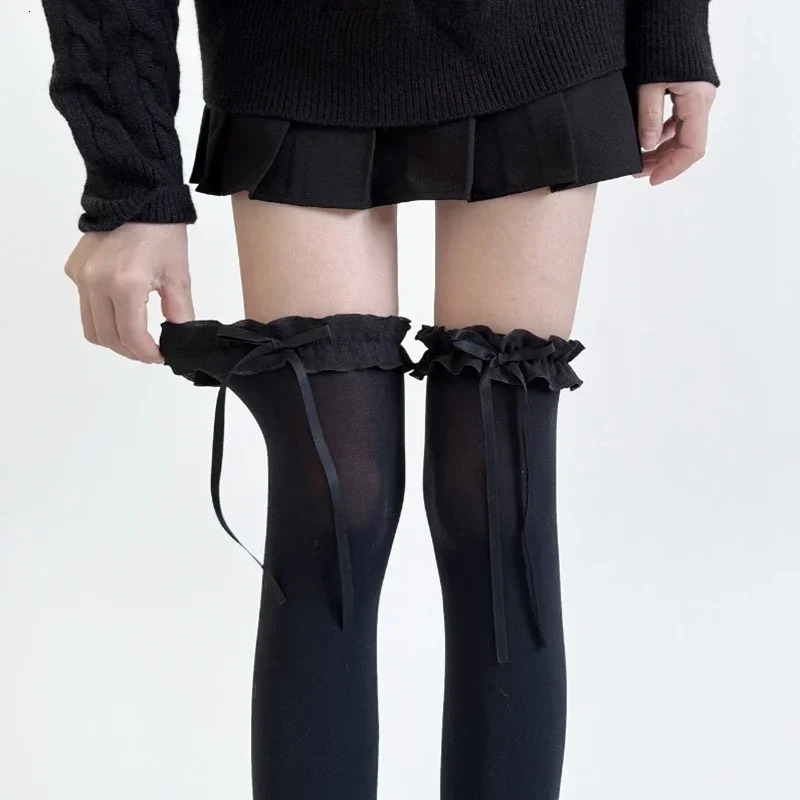Women Lace Black White Ruffle Long Socks Women Girls Sweet Stockings JK Lolita Nylon Lace Leggings Over The Knee Bowknot Hosiery 260922