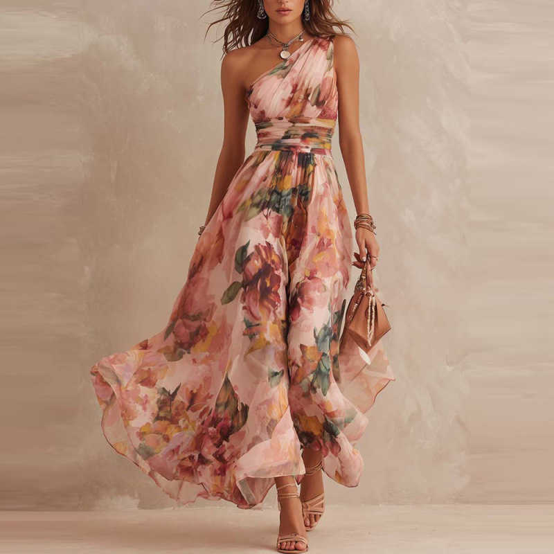 2026 Summer New Women's Fashion Digital Print Elegant Off-Shoulder Sleeveless Dress T260922