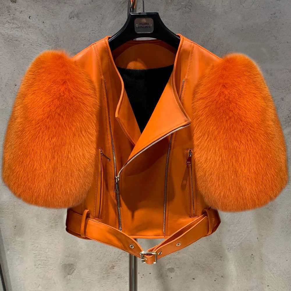 Leather Faux Women's Leather Leather Fur Jacket Natural Fur Sleeve Ladies Short Leather Jacket Real Fox Fur Sleeve Coat Women Autumn 21001-1 C2