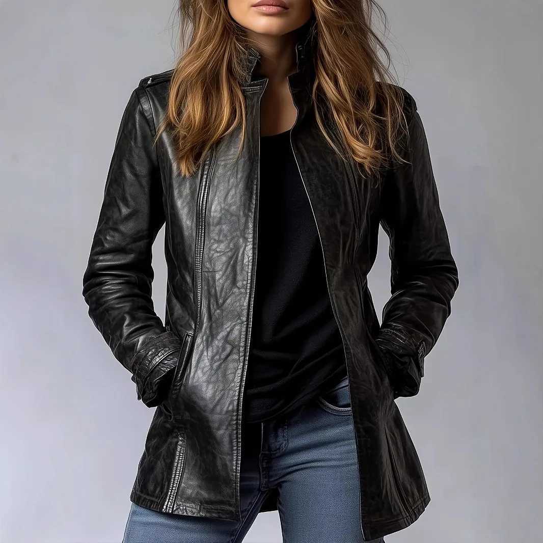 Leather Women PU Coats Solid Short Jackets Long Sleeves Stand Collar Zipper Thin Skinny Slim Fit Office Lady Casual 2025 Autumn C260921
