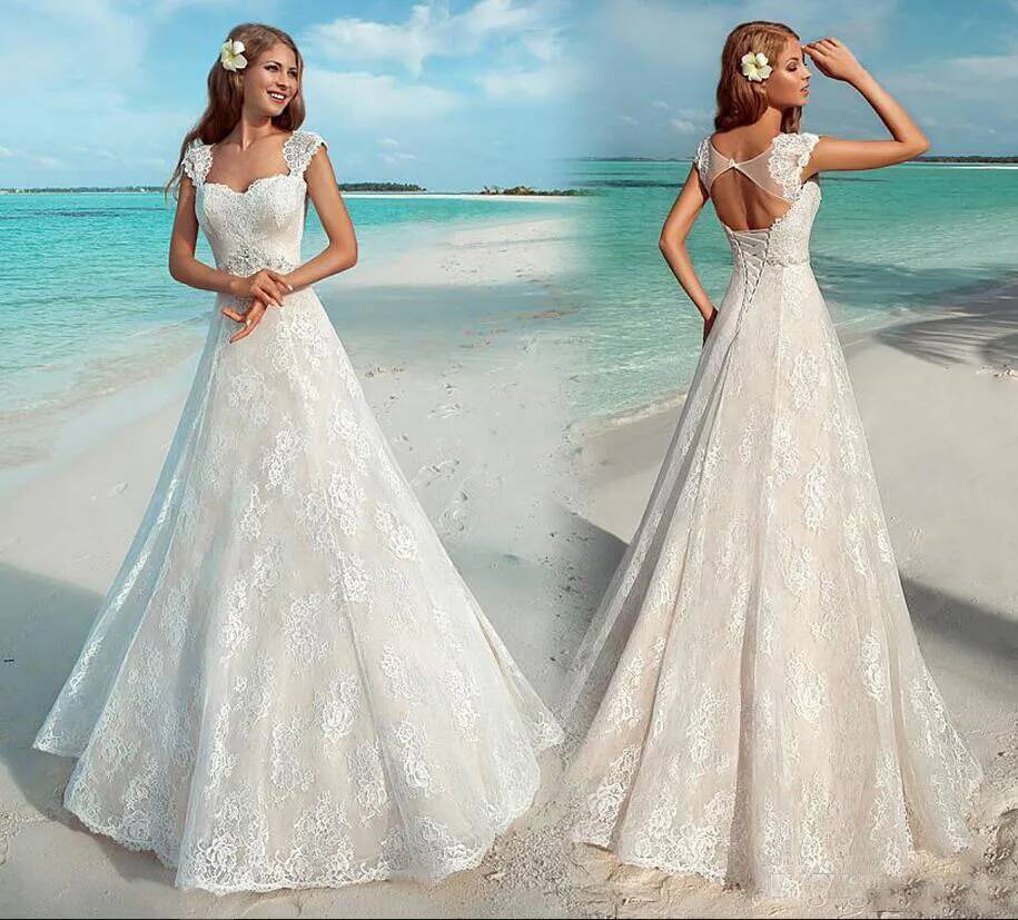 Elegant Summer Beach Wedding Gowns Vintage Full Cap Sleeve Sexy Open Back Lace Up Bridal Dress Custom Made