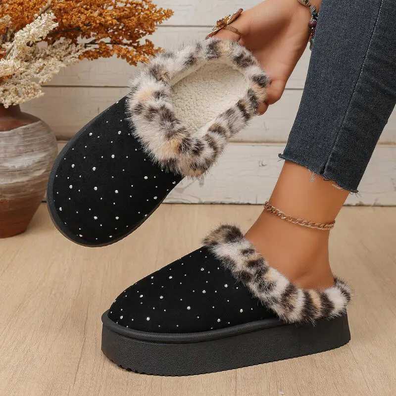 Designer Leopard Furry Platform Mules Slippers Women Winter 2026 Luxury Rhinestore Indoor Slippers Woman's Home Cotton Shoes T260922