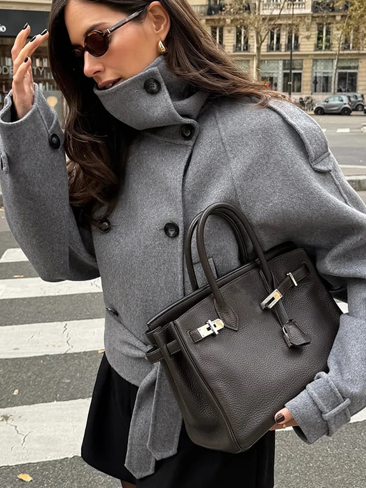Fashion Grey Lace Up Short Woolen Coat Women Chic Solid Stand Collar Double Breasted Pocket Slim Jacket Lady Commute Street Wear 260921