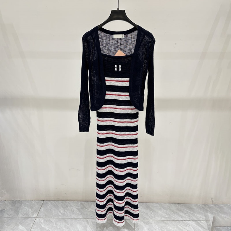 Women Striped Fitted Dress With Cardigan Designer Y2K Style Elastic Color Block Knit Dress Autumn Elegant Dinner Date Party Dress