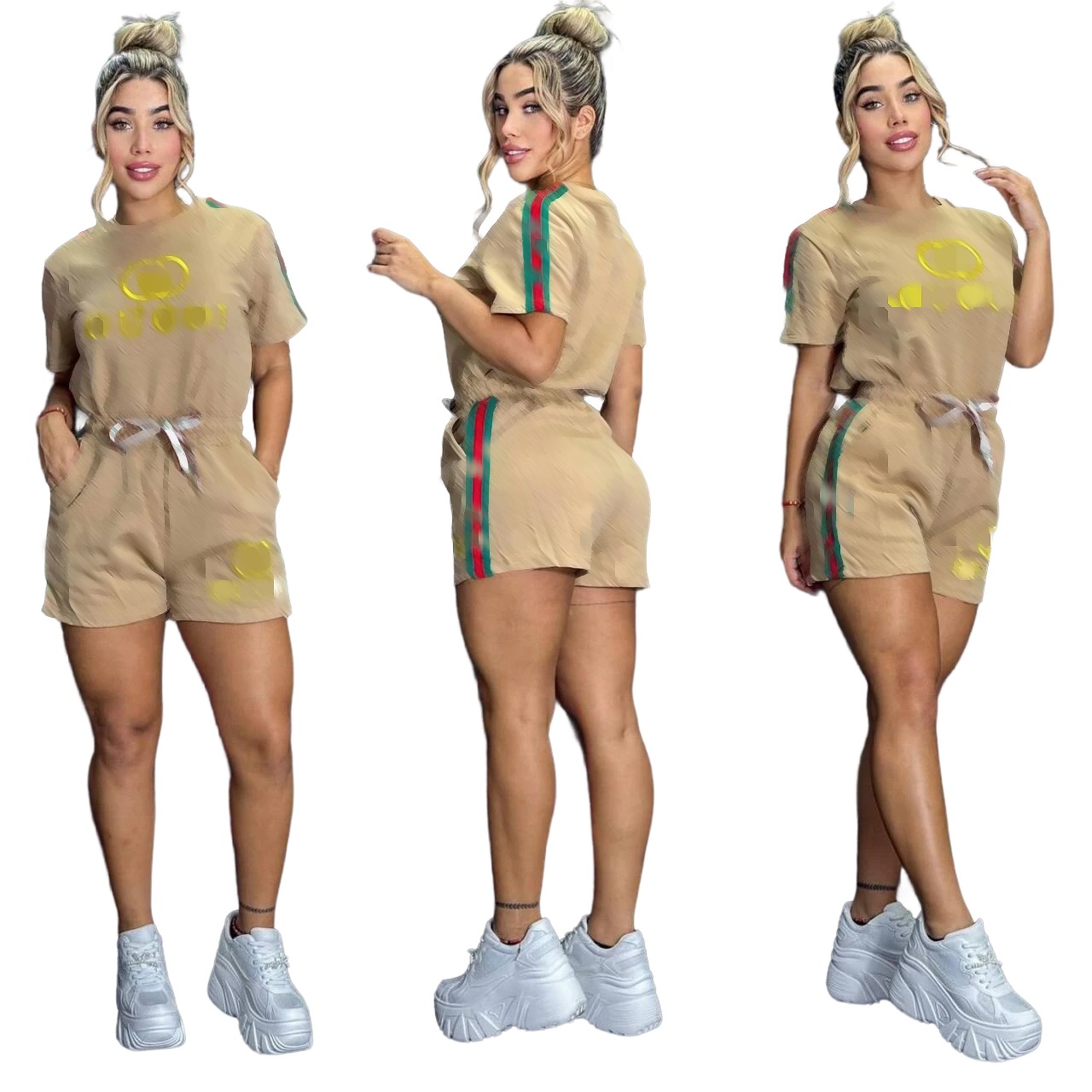 Women 2 Piece Summer Short Set Short Sleeve Round Neck Letter Print T-shirt Elastic Waist Pocket Shorts Casual Tracksuit