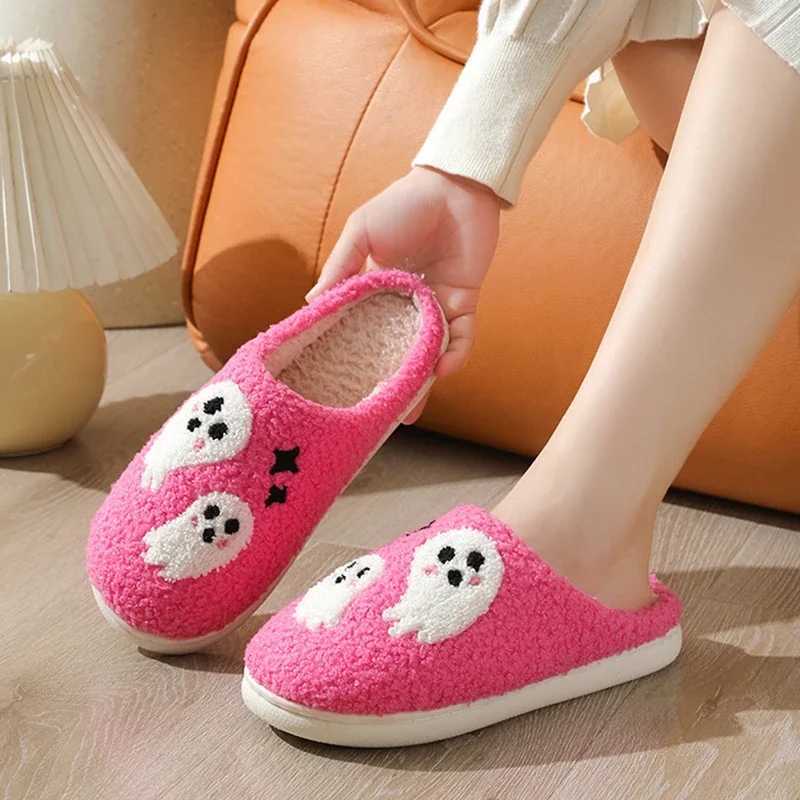 Halloween Cartoon Ghost Cotton Slippers 2026 Winter Flat Heel Furry Indoor Slippers Plus Size 45 Warm Plush Home Slides Unisex T260922