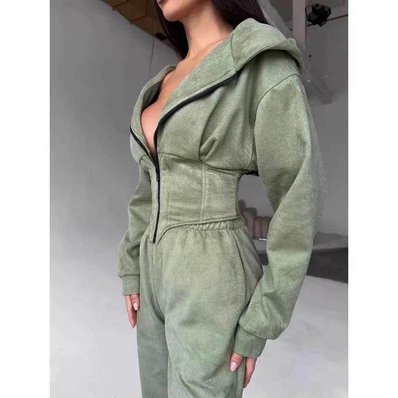 Autumn Women's Baseball Solid Sets Color Waist-Cinched Hooded Sweatshirt Long Pants 2-Piece Sporty Casual Set Women's Tracksuit Elegant N2