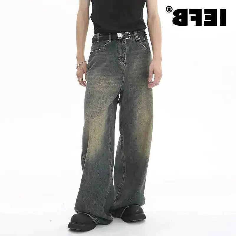Summer IEFB Mens Denim Pants Old Blue Washed Male Straight Casual Menwear Loose Wide Leg Trousers S260922UZ0F