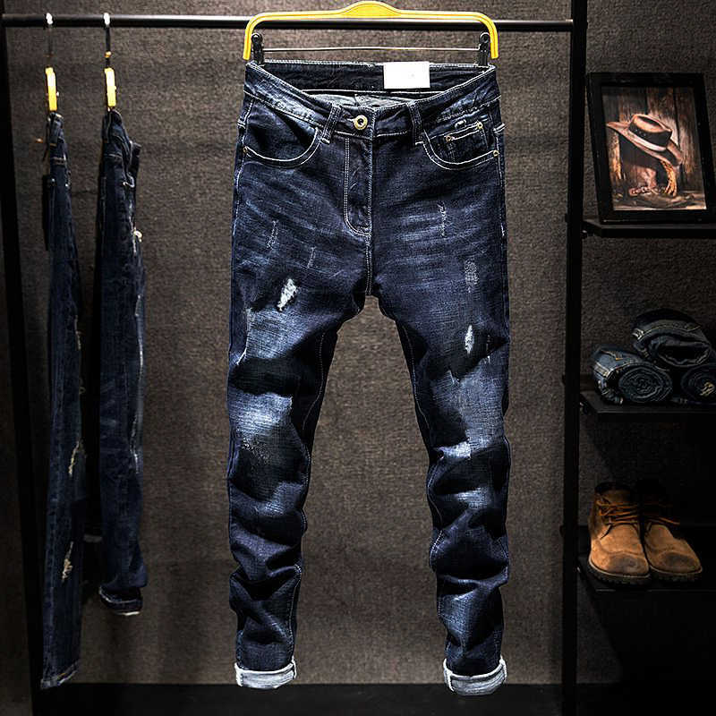 Jeans da uomo americani Jeans dritti elastici da uomo Strappati logori Pantaloni in denim di cotone slim fit Stile coreano Moda Blu Nero Abbigliamen