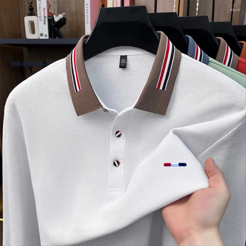 Cotton Man Long-Sleeved Polo Shirt Lapel Button Color Blocking Exquisite Pattern Embroidery Autumn Leisure