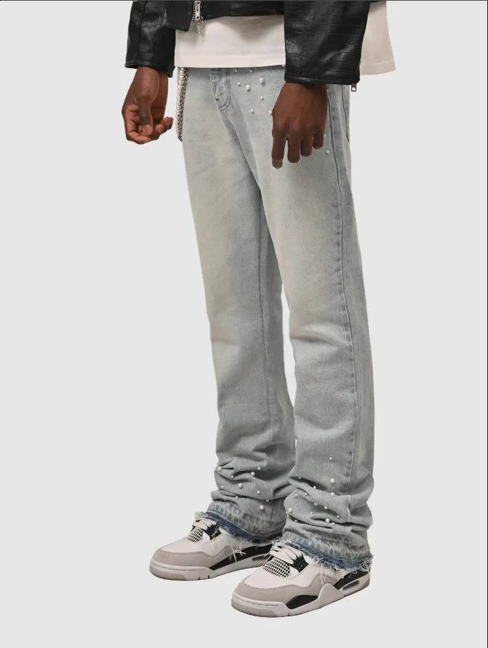 Men's Punk Style Splicing Pocket Beading Large Straight Jeans Male Vintage Four Seasons Trousers Street Casual Denim Pants 260921