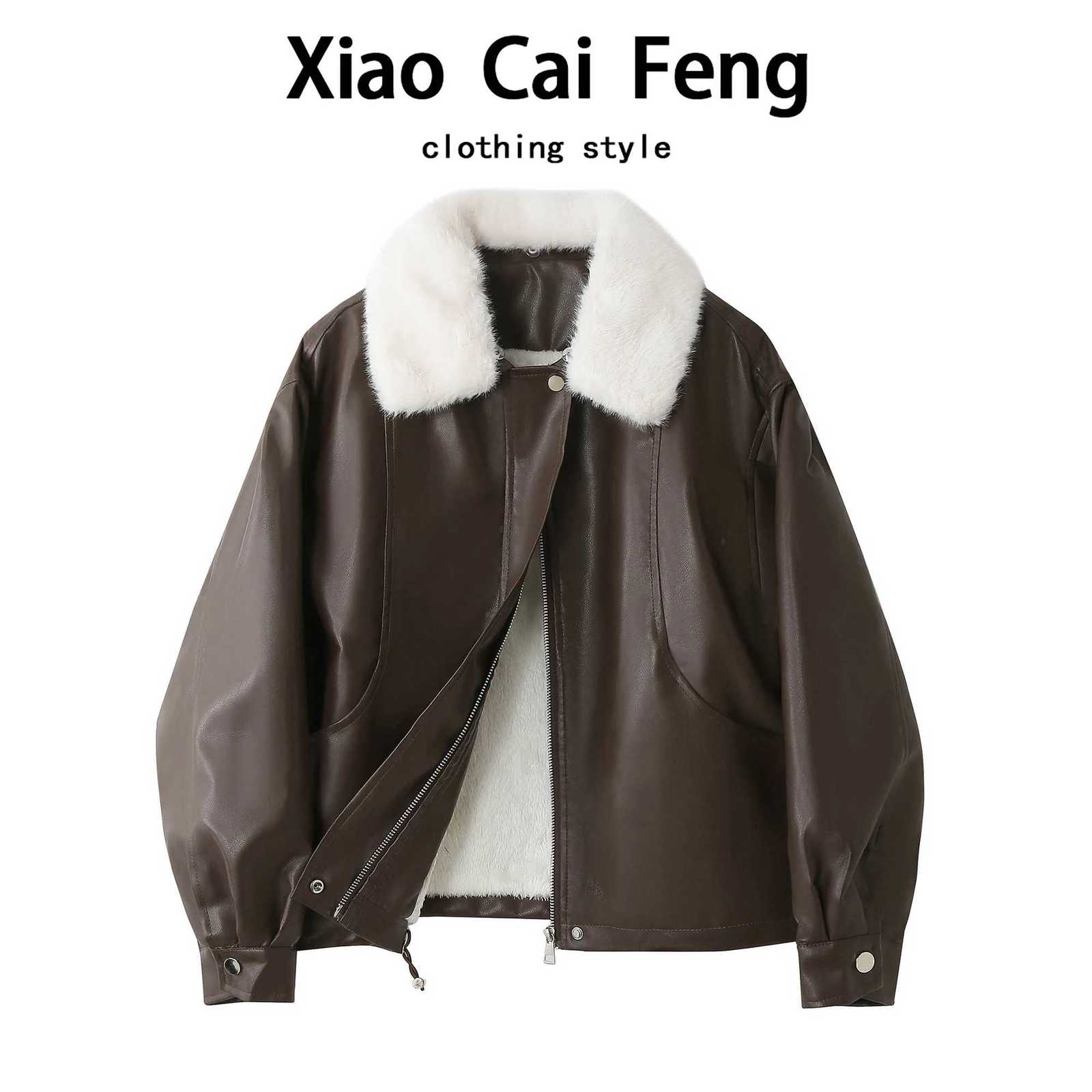 Lined Women's Fleece Thickened Leather Jacket Winter Vintage Warm Coat with Large Fur Collar Fashionable All Match Upper Body... C260921
