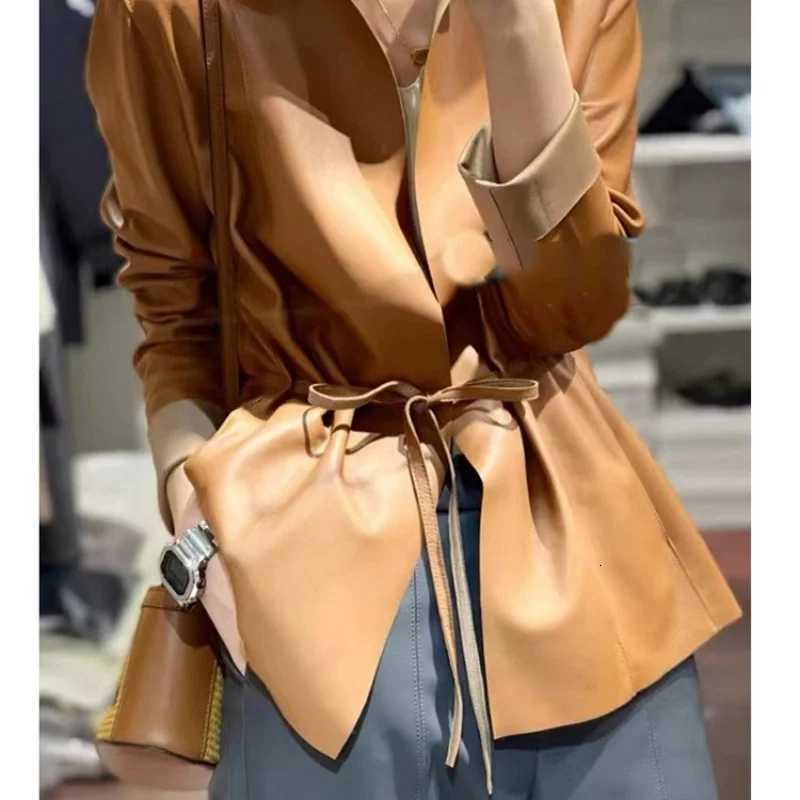 Sheepskin Women's Genuine Leather Jacket Short Coat Drawstring Waist Slim Fit for Spring And Autumn C260921