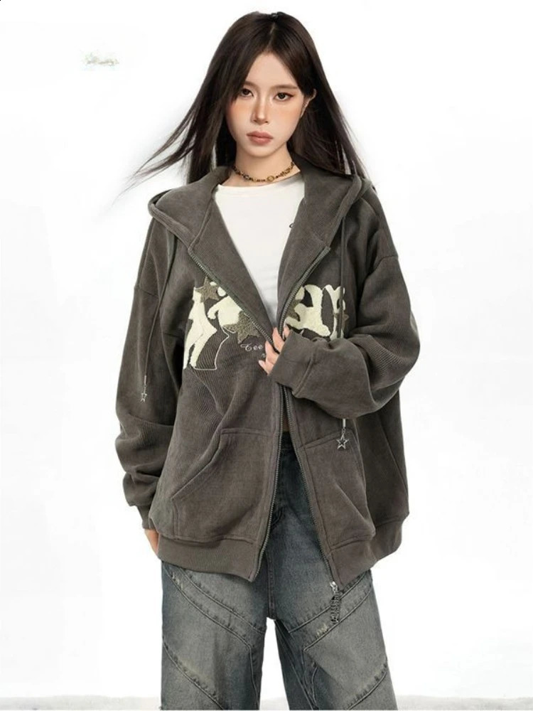 Y2k Harajuku Vintage Hoodies Letter Flocking Pockets Casual Loose Sweatshirts Punk Gothic Coat Spring Autumn Women Clothing 260921