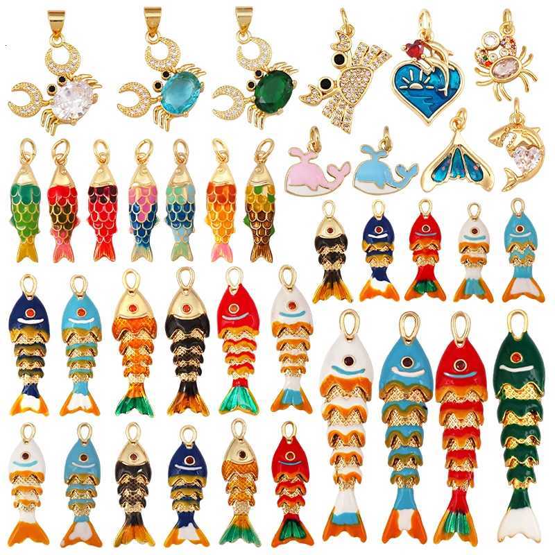 Pendant Necklaces Enamel Fish Whale Shark Tale Crab Marine Sea Dalphin Charm Pendant 18K Real Gold Plated Zircon Jewelry Finding Supplies S75 X26092