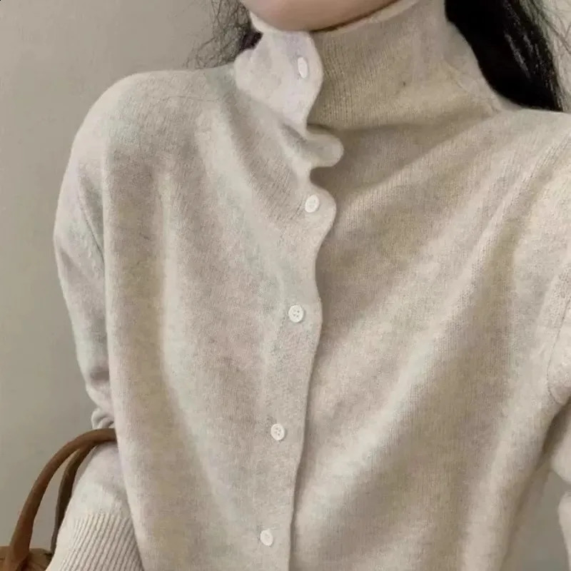 Frenchstyle highneck 100 pure cashmere knitted cardigan for womens autumn and winter loose sweater with wool base coat 260921