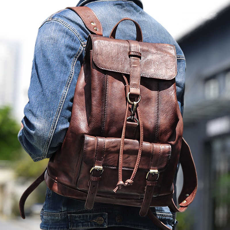 Leather Backpack Genuine Style Vintage Men's Backpack First Layer Cowhide Large Capacity 14-15.6 Inch Laptop Bag Computer Backpack Travel H2609