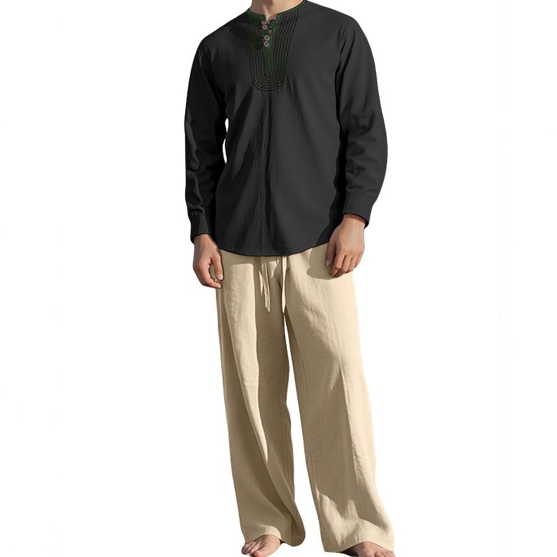 Tenue assortie en lin texturé pour hommes, chemise Henley à manches longues et pantalon à jambes larges avec cordon de serrage, ensemble deux piè