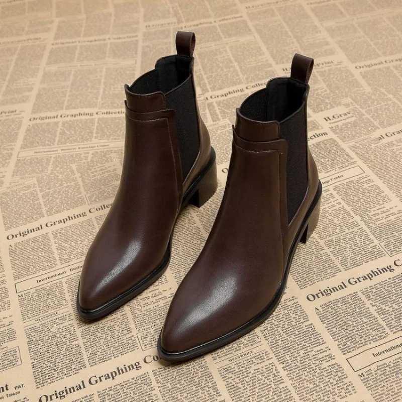 Designer Black Boots Women Brown Pointed Chelsea Ankle Boots Fleece Lined Vintage Block Heel Elastic Slip On Leather Office Short Boots J260922