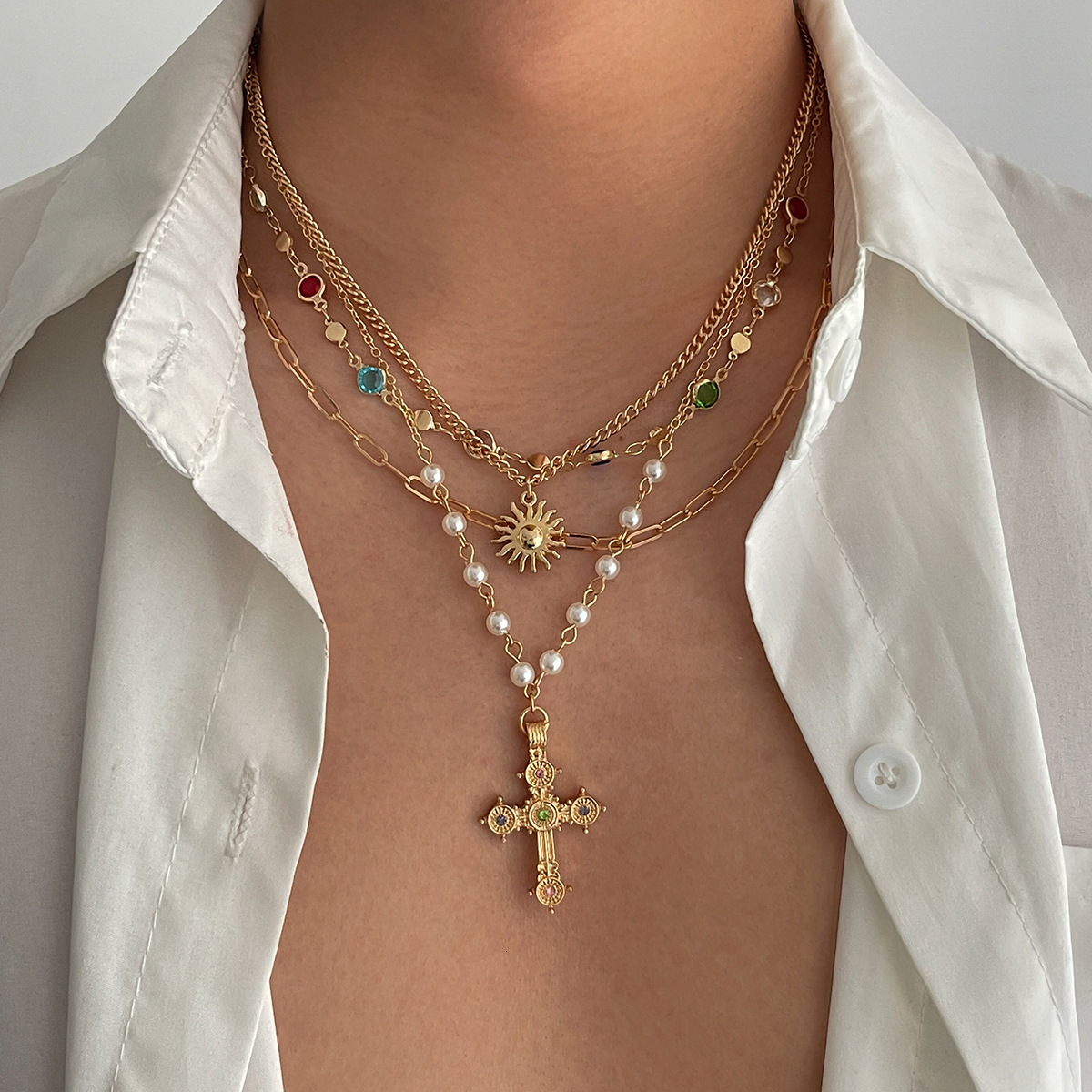 European and American Hot-Selling Exaggerated Style Necklace for Men, High-End Hip-Hop Fashion Sun Pendant Crystal Collarbone Chain Jewelry