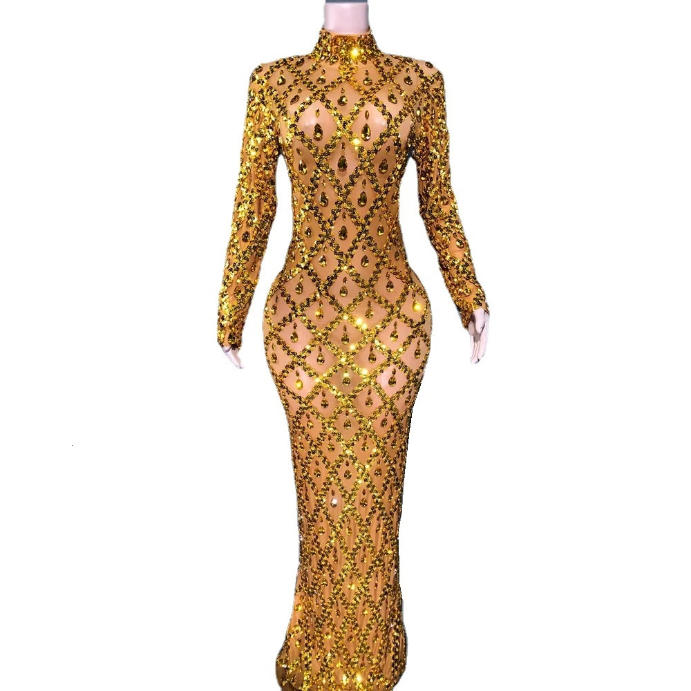 Sparkly Sequins Rhinestones Long Sleeve Dress Women Evening Prom Birthday Dress Sexy Transparent Performance Costume Stage Wear 260922
