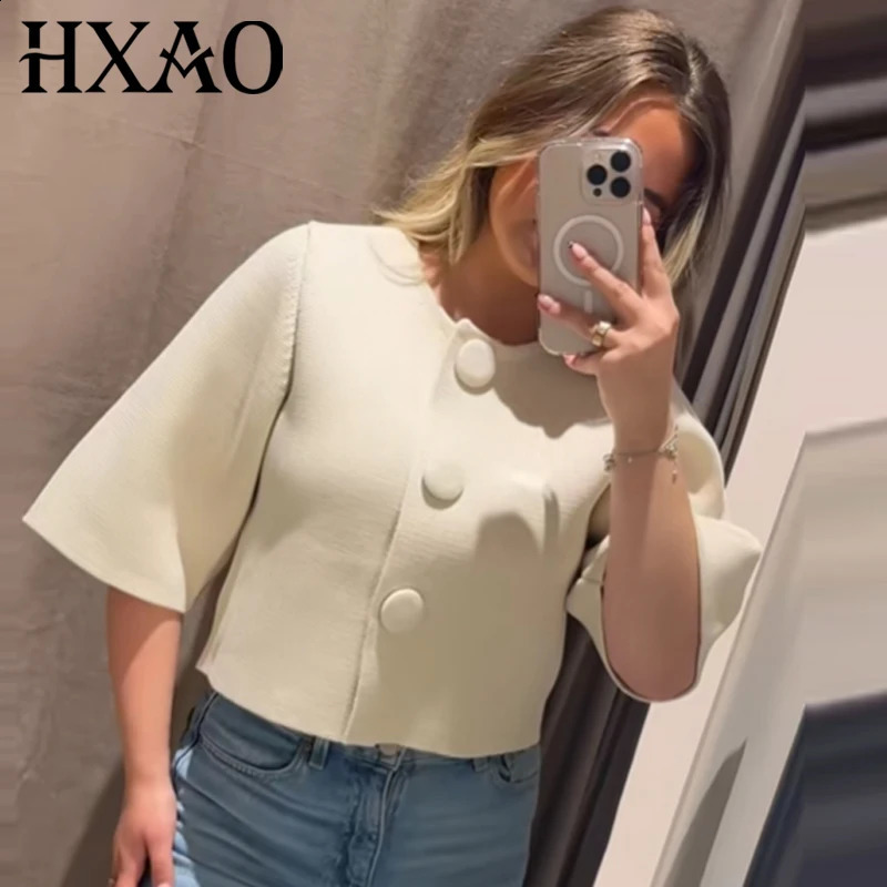 HXAO Womens Cropped Knit Cardigan Summer 2026 Elegant Off White Button ONeck Short Sleeve Tops For Woman Resort Bolero Sweater 260921