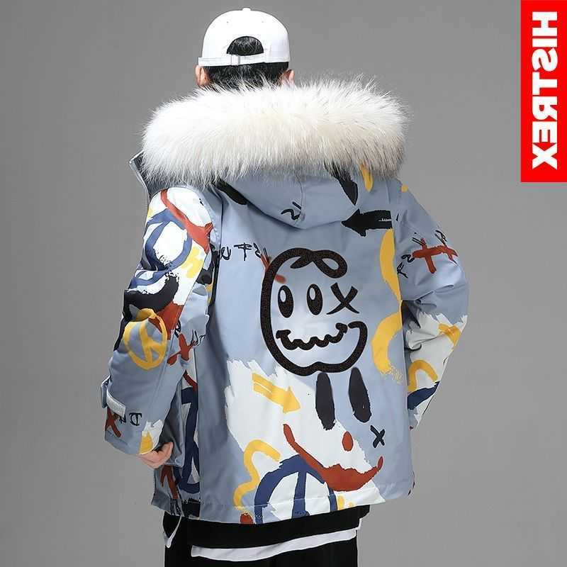 HISTREX Men's Down Down Parkas Jacket Parka Men Hooded Cartoon Print 2023 Y2K Korean Hip Hop Winter Thick Padded Mens Jackets Parkas Outwear Co