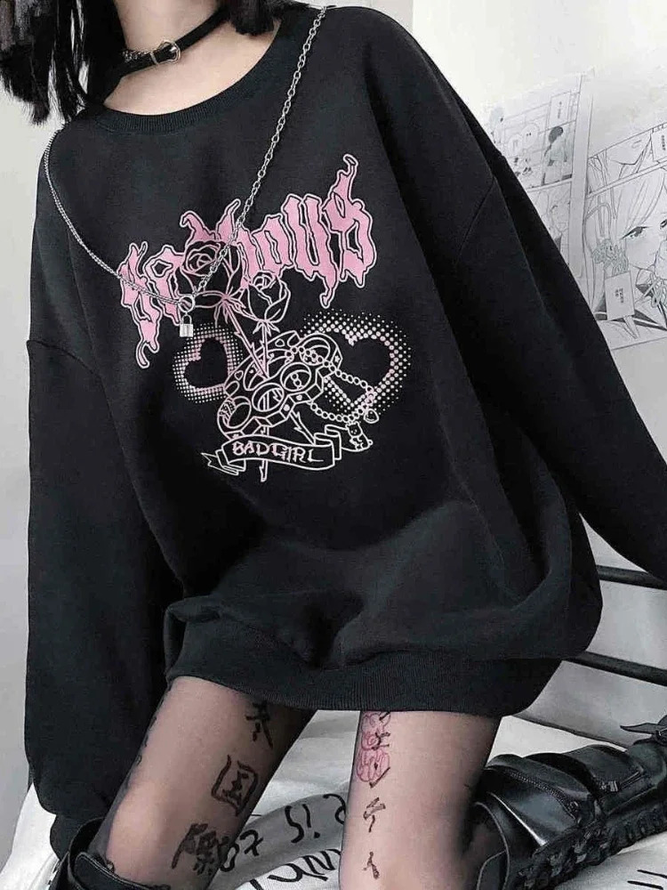 Heart Letter Print Sweatshirts Fleece Warm Thicken Chain Casual Loose Tops Autumn Winter Y2k Punk Harajuku Gothic Sudaderas 260921