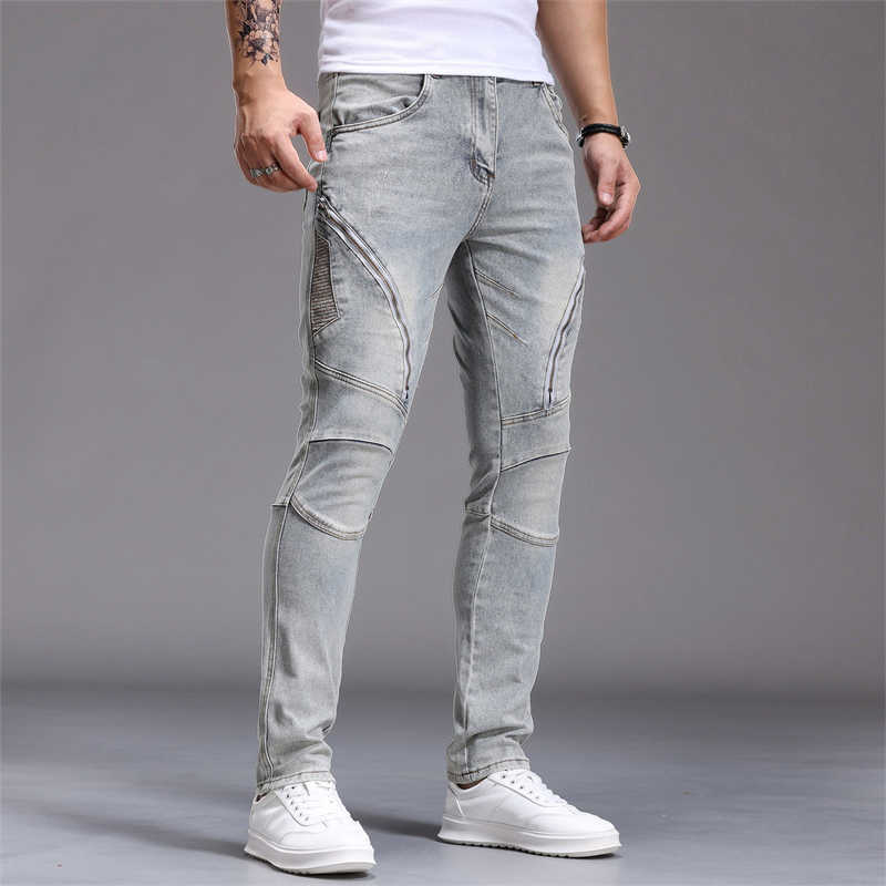 Jeans Y2K Men's Skinny Jeans Men's Hip Hop Fashion Zipper Spliced Denim Pants AmericanRetro Streetwear Slim Biker Elastic Trousers T260922