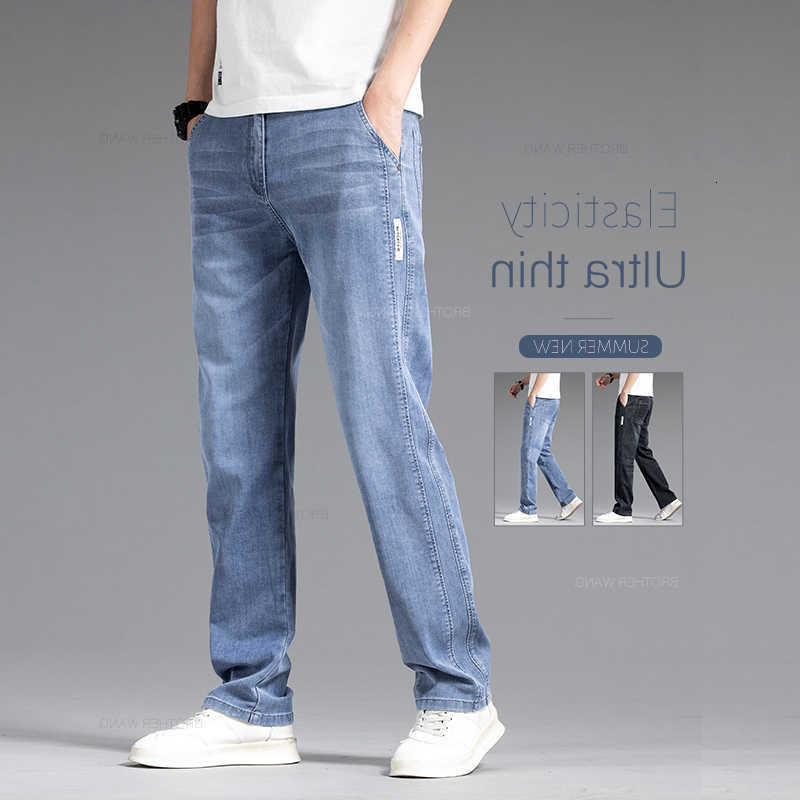 Jeans Summer Men's Thin Jeans Men's Loose Straight Pants Fashion Elastic Waist Stretch Cotton Business Casual Denim Trousers Light Blue T2