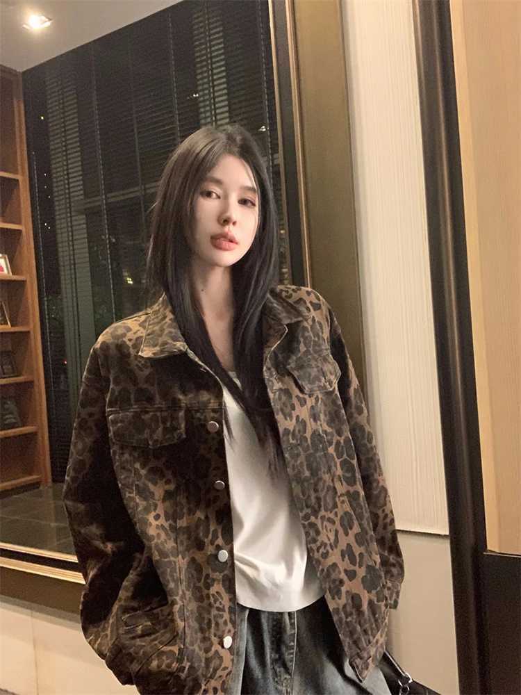 Women's Jackets Leopard Denim Coat Women Vintage Y2K Streetwear Loose Casual Harajuku Cargo Jacket Long Sleeve American Retro Button Outwear Ne