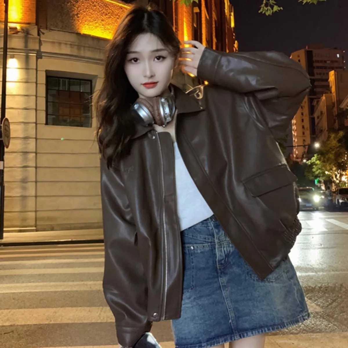 PU Black Brown Leather Coat Women's Short Spring Autumn New Hong Kong Style Retro Leisure Motorcycle Coat Zipper Leather Jacket C260921