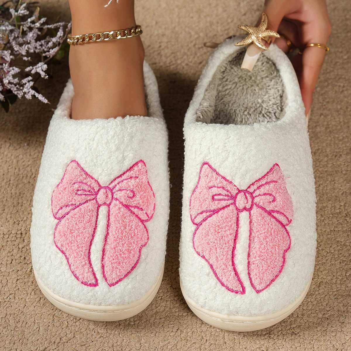 Winter Plush Girl's Bedroom Slippers Cute Bow Women's Gift Warm Comfy Soft Sole Indoor Fashion Leisure Simple Fuzzy Home Shoes T260922
