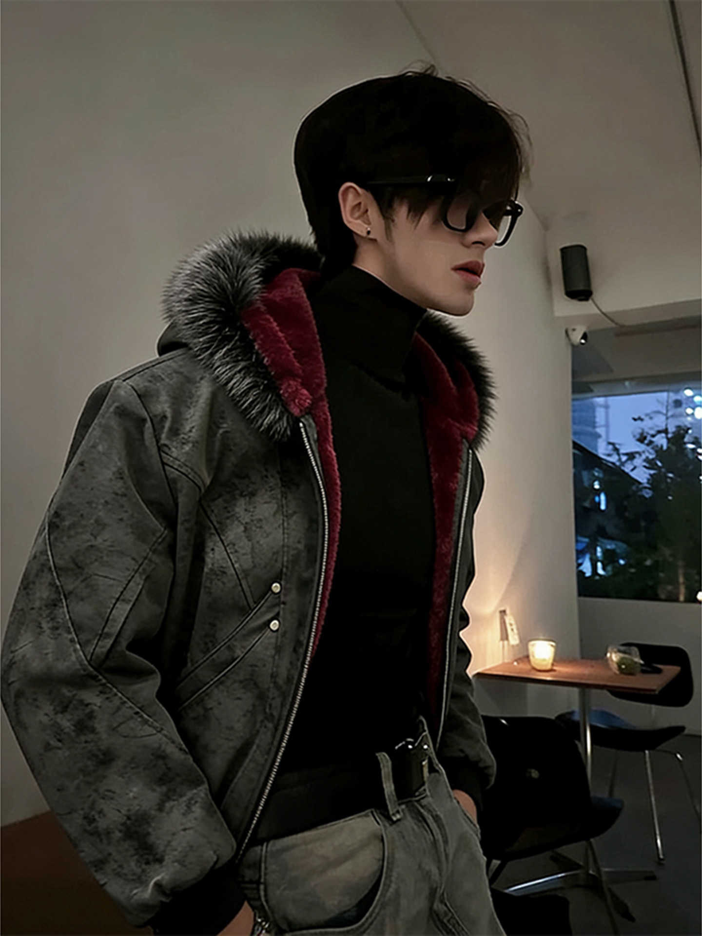 Down Parkas Thickened Fleece Men's Inner Lined Short Cotton Jacket Men's Winter Warm PU Leather Cotton Coat Cleanfit Style Wolf King Desig