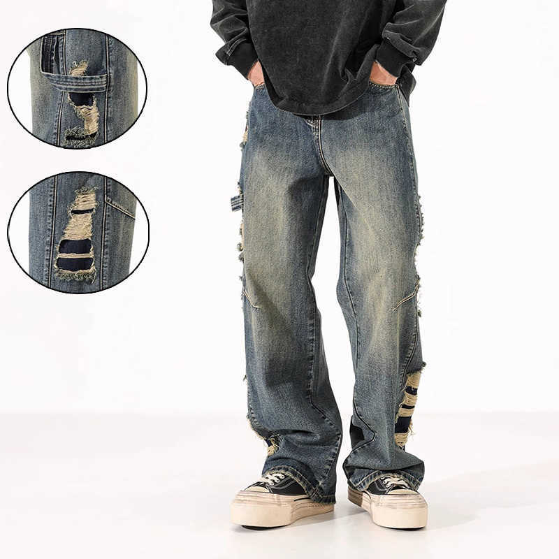 Jeans Korean Men's Retro Distressed Casual Loose Wide Leg Jeans For Men'S Summer Ripped Denim Straight Leg Pants XXL Oversized Pants T2609