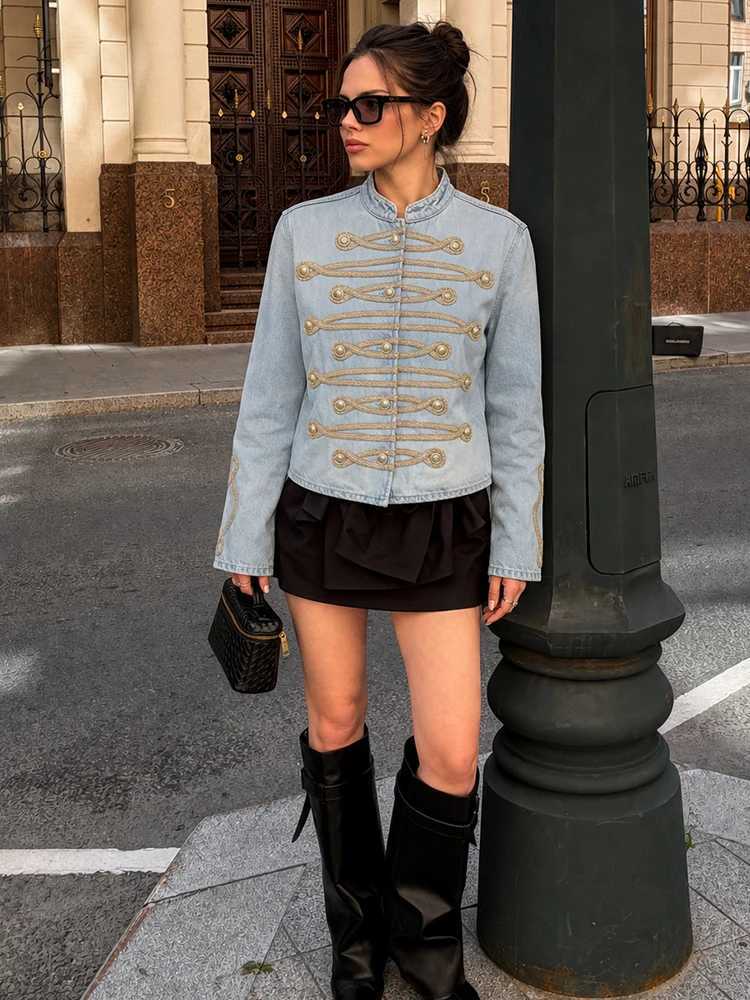 Women's Jackets HH Vintage Womens Military Denim Cropped Jacket Spring Autumn Female Stand Collar Button Detail Short Coat Casual Streetwear C2