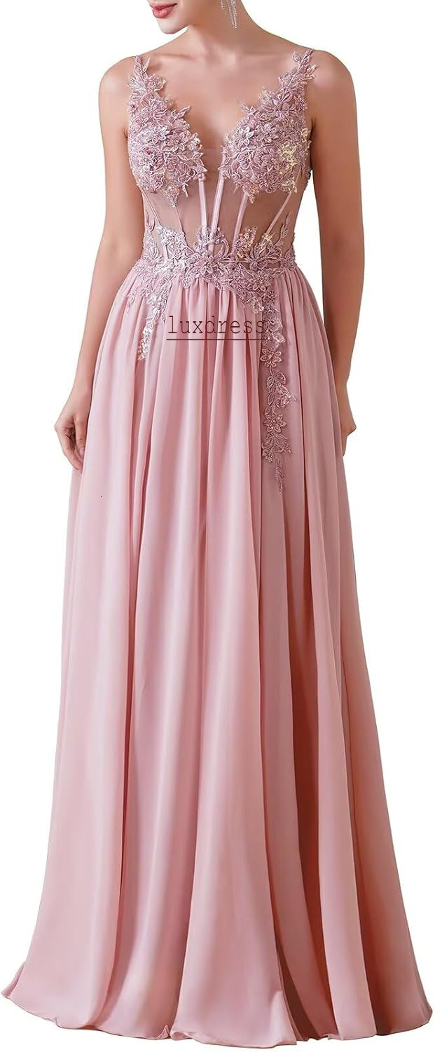 Women's Bridesmaid Dress With Handmade Appliques V Neck Elegant A Line Chiffon Women Evening Prom Formal Dresses