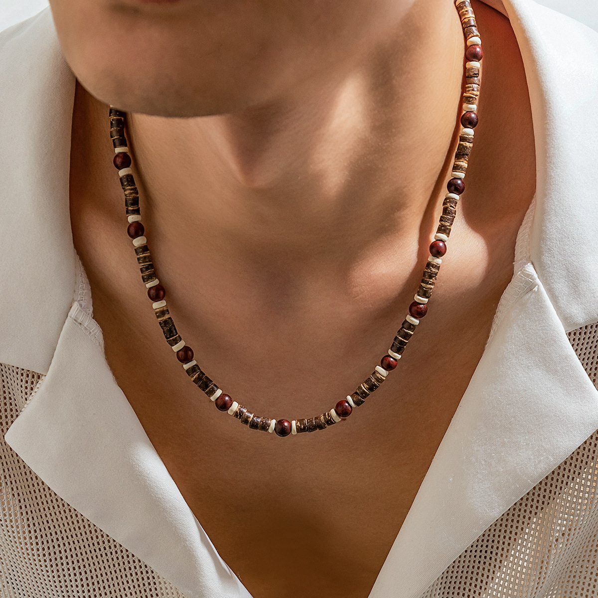 European and American New Bohemian Style Spliced Wooden Bead Necklace for Men Hip-Hop Niche Simple Design Sense Collarbone Chain