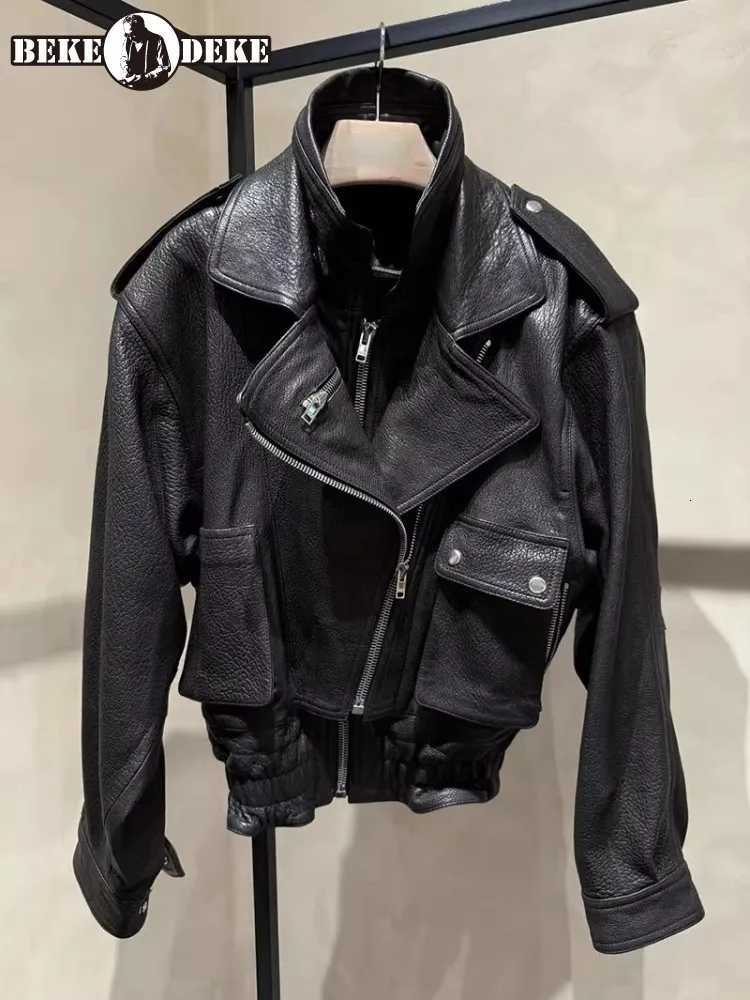 Vintage Punk Women Genuine Leather Jacket Lapel Streetwear Motorcycle Short Coat Loose Fit High Quality Real Sheepskin Outerwear C260921
