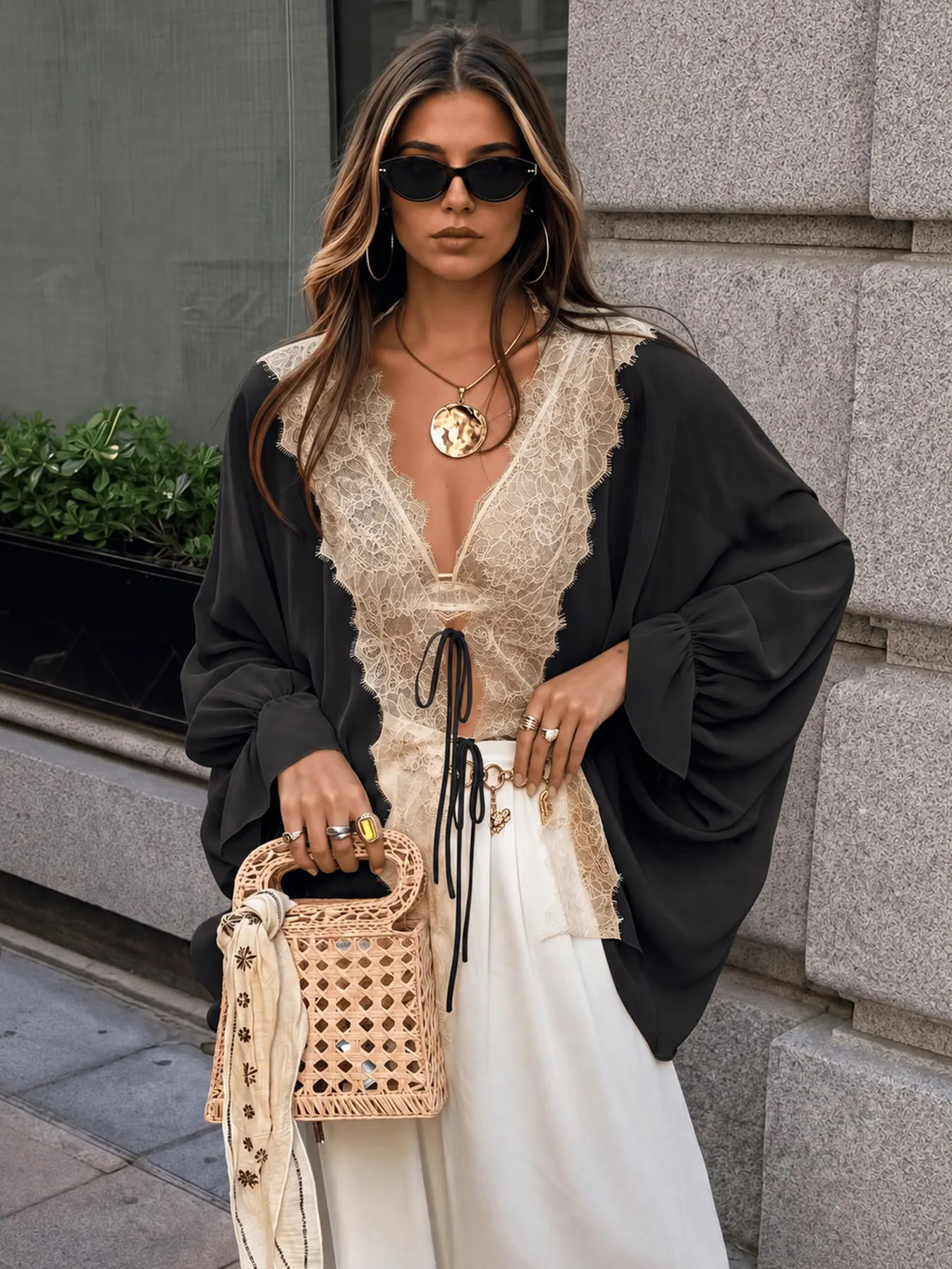 HH Women Elegant Lace Splicing V Neck Blouse Long Sleeve Bow Laceup Shirt Spring Summer Woman Casual Vacation Beach Chic Tops 260922