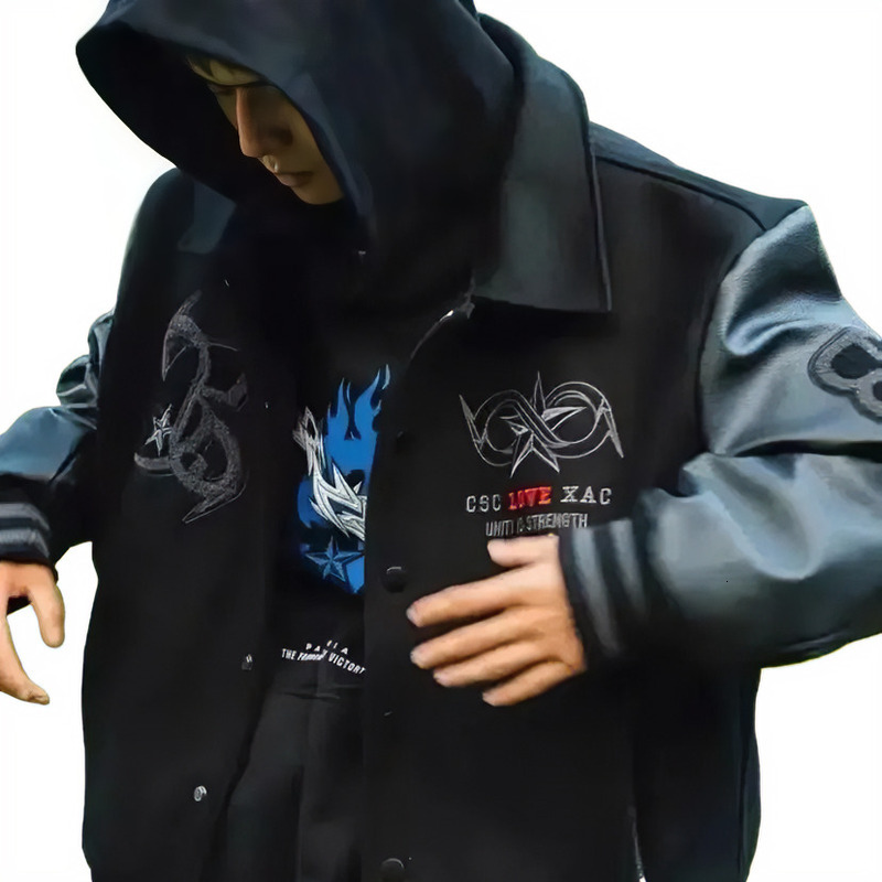 Y2K Retro Trend Leather Jacket Heavy Industry Embroidered Black Short Coat Ins Selling High Quality Fashion Mens Baseball Uniform Spring and Autumn