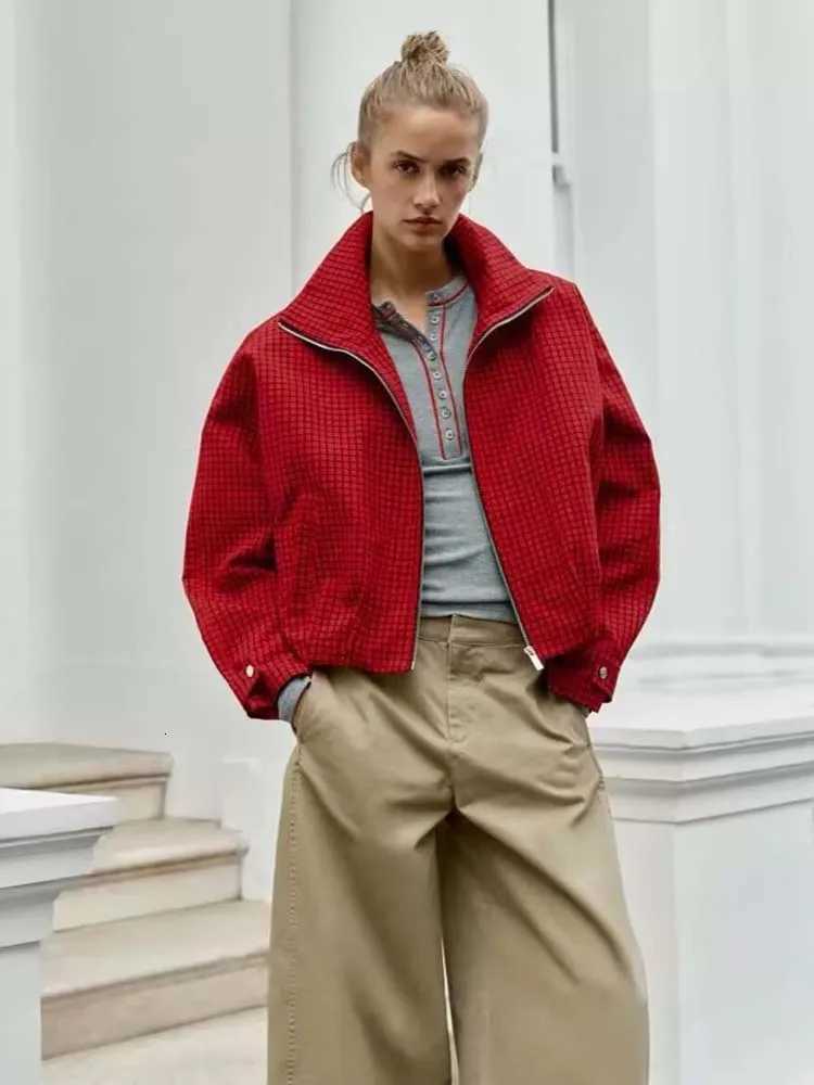 Women's Jackets Red Plaid Jacket For Women Loose Stand Collar Zipper Up Casual Streetwear Tops Vintage Bomber Coats 2026 Spring Autumn Jackets