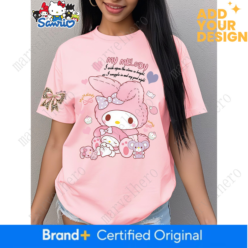 Sanrio Licensed Fashion Short Sleeve My Melody Cartoon Pattern Cute Bunny Design Spring Summer Hot New Casual Comfortable Top Trendy Women S Round N