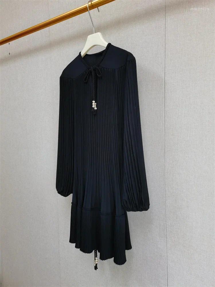 Spring And Autumn Women's Woven Collar Strap Pleated Lantern Long Sleeved Belt Dress