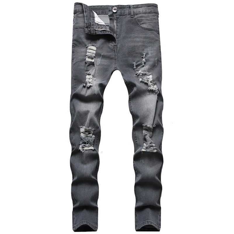 Hole Men Distressed Pencil Pants Fit Zipper Fly Pockets Solid Colour Washed Denims Ankle Length Trousers S260922YAY9