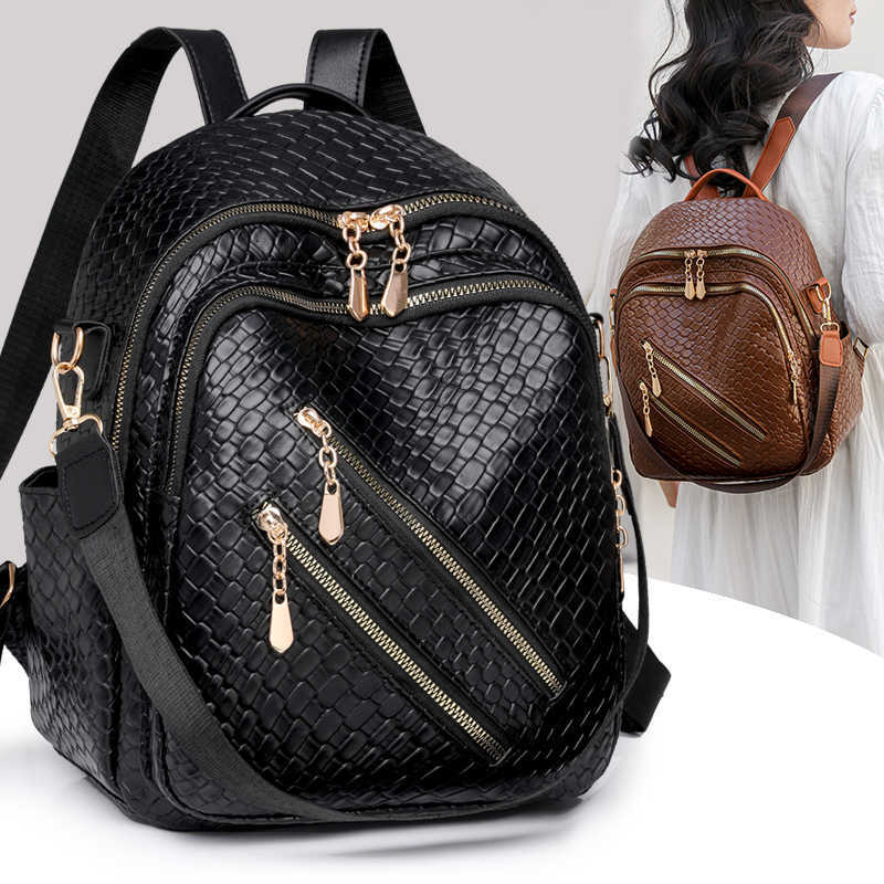 New Backpack Style Fashion 2024 Double Zipper Decoration Backpacks Woman Shoulder Bag Large Capacity Vintage Leather Lady Backpack H260922