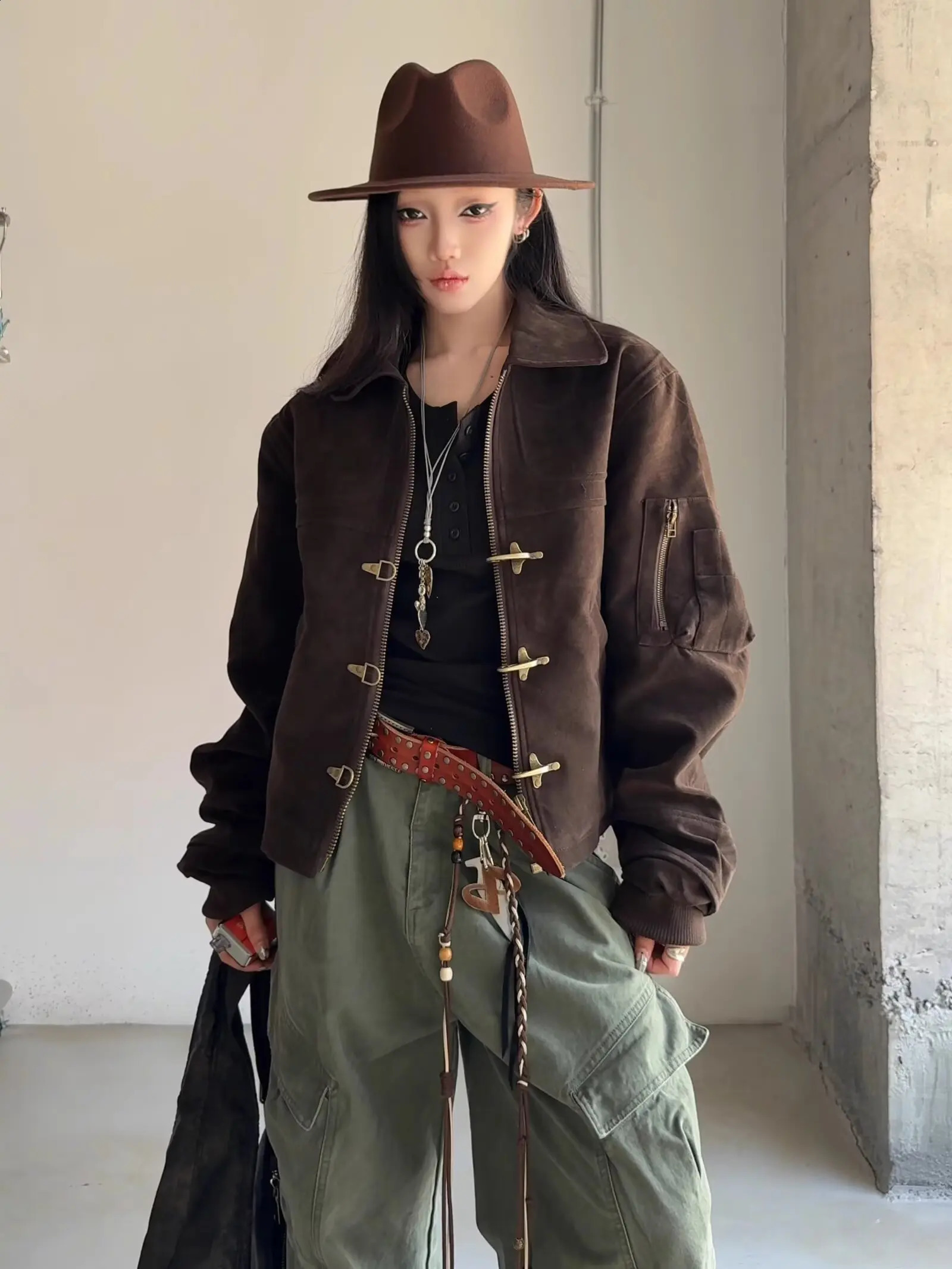 Vintage Suede Jacket Women's Turn-down Collar Korean Style Solid Color Zipper Autumn Winter Clothing Loose Y2K Short Coat 260921