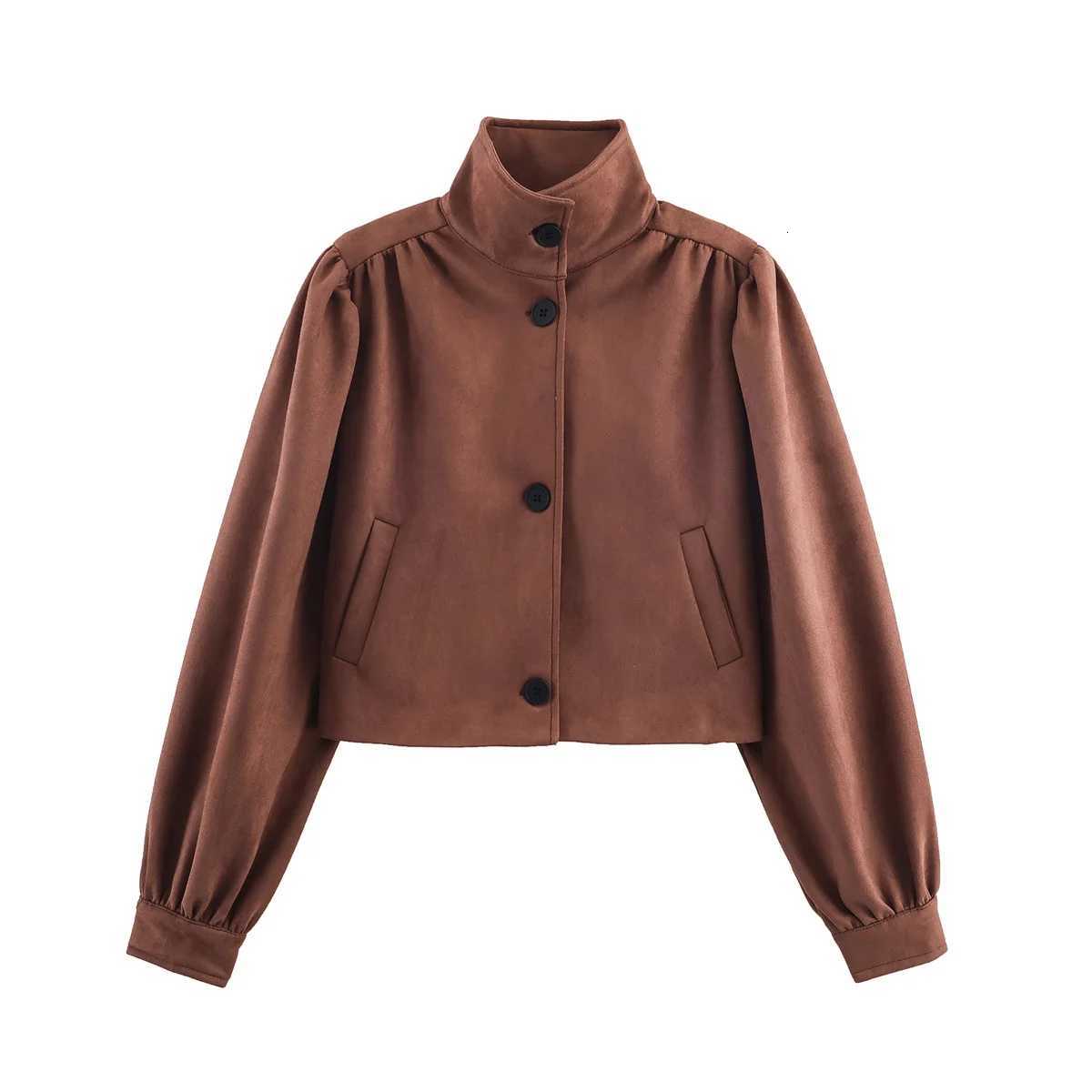 Women's Jackets Zevity Women Vintage High Street High Collar Pleat Design Short Suede jacket Coat Lady Retro Buttons Casual Outwear Tops CT9532