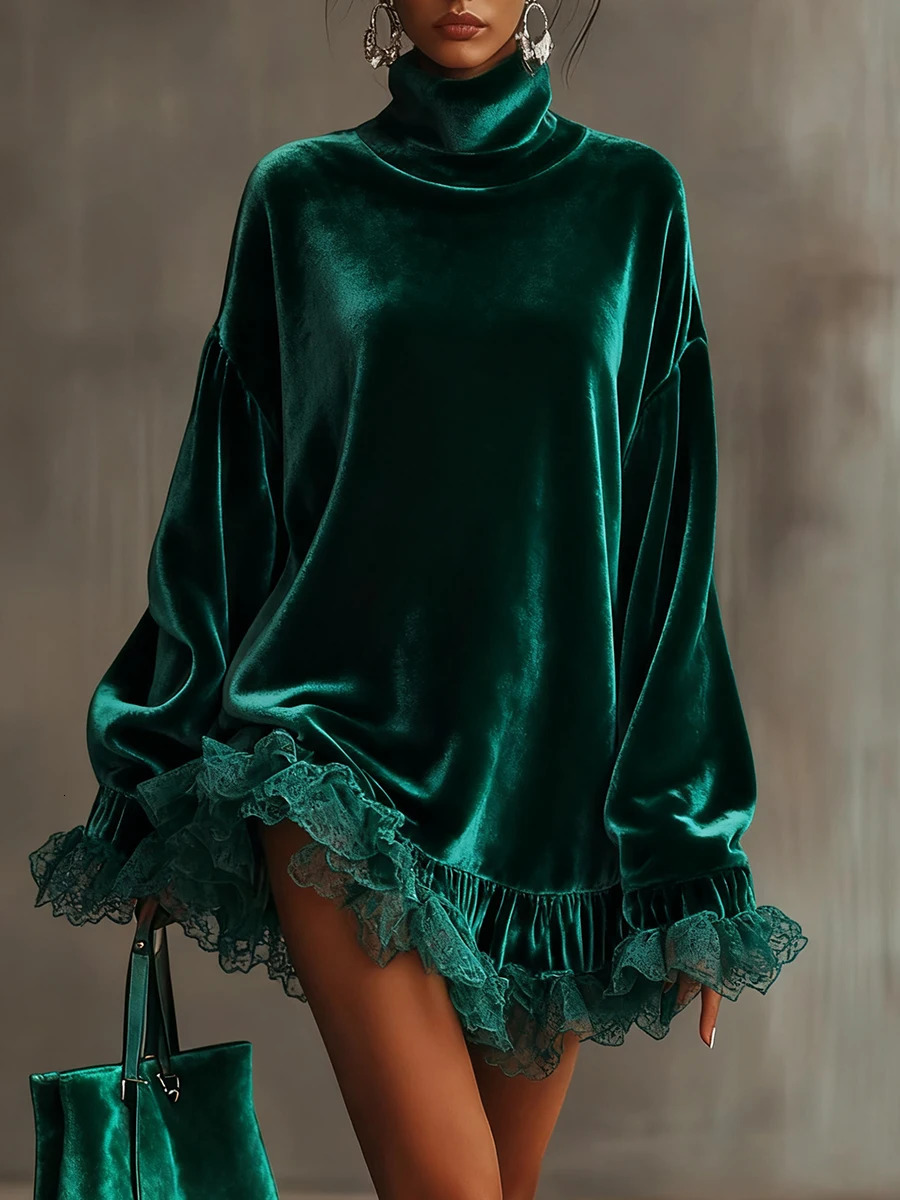 y Turtleneck Solid Velvet Evening Dress Women Sexy Patchwork Lace Long Sleeve Ruffle Autumn Loose Banquet Party Dress 260922